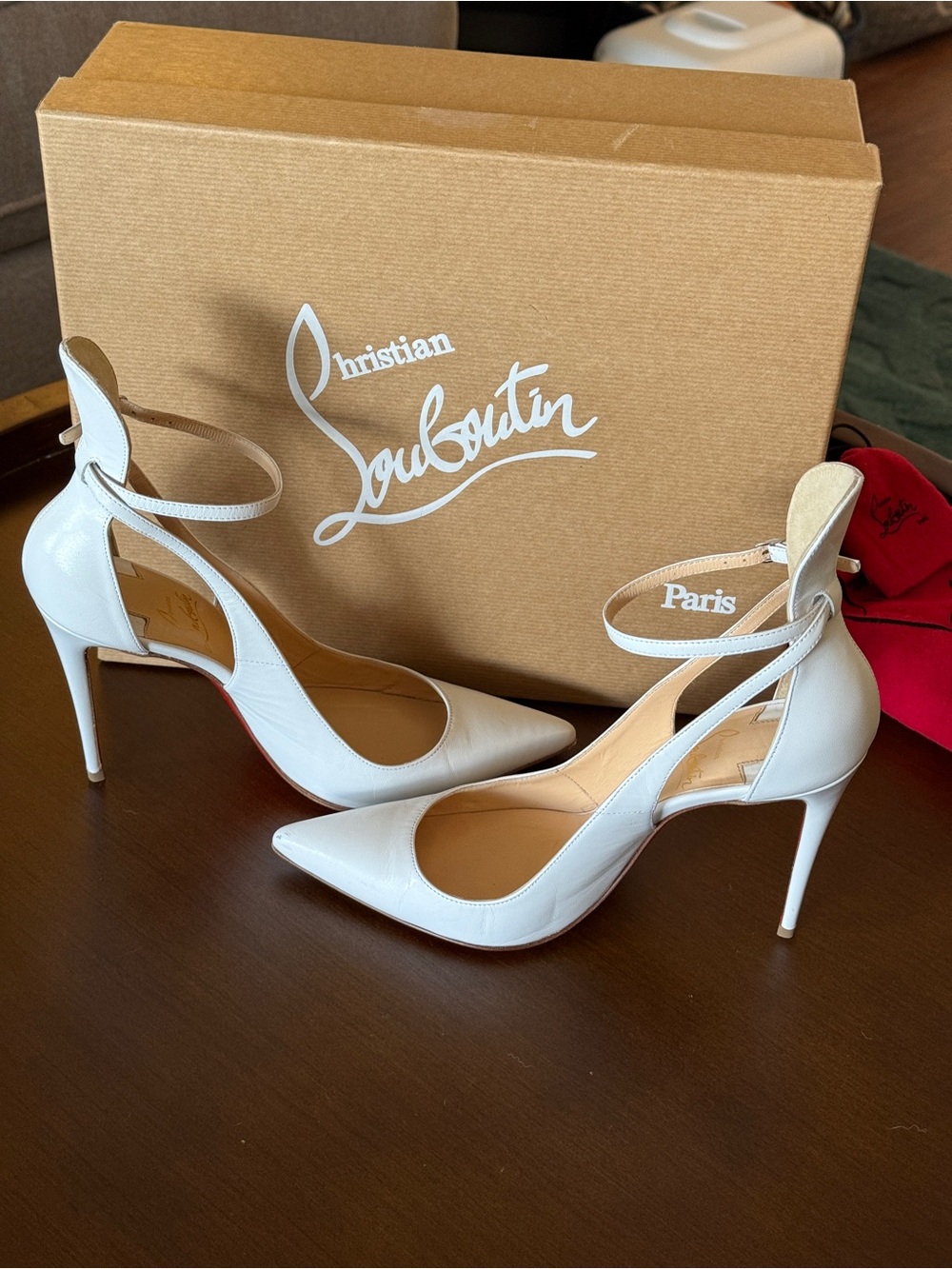 Christian Louboutin White Pointed-Toe Ankle-Strap Stiletto Pumps in Mascara 36.5 - Picture 8 of 16